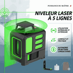 Niveau laser 5 lignes ultra-précis avec alarme et faisceaux visibles jour, léger, compact, portée 20m, accessoires offerts