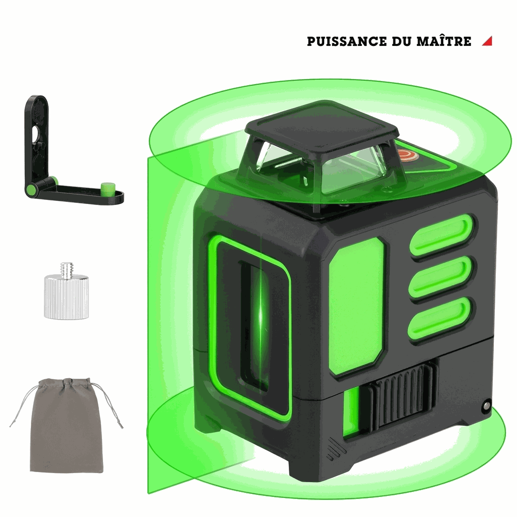 Niveau laser 5 lignes ultra-précis avec alarme, faisceaux visibles, léger et compact, portée 20m, accessoires offerts.